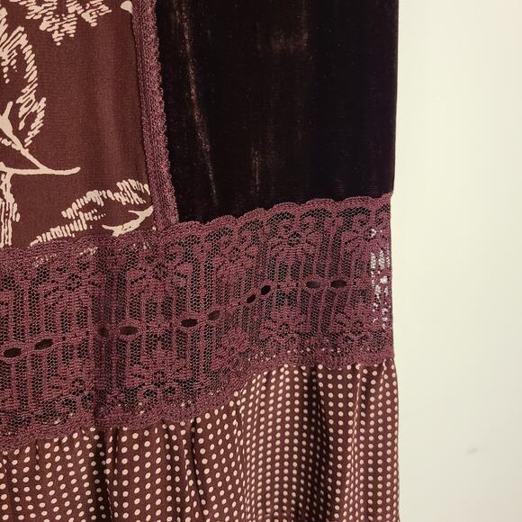 JOSEPHINE CHAUS Patchwork Midi Skirt 10 Burgundy Velvet Silk Prairie Cottage - Picture 5 of 12